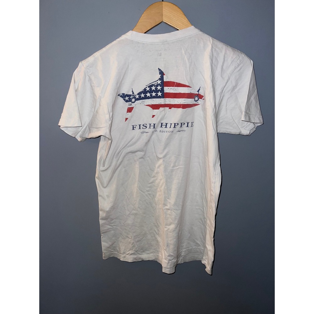 Fish Hippie Co Mens Small White American Flag Fish Graphic T-Shirt Ltd Edition